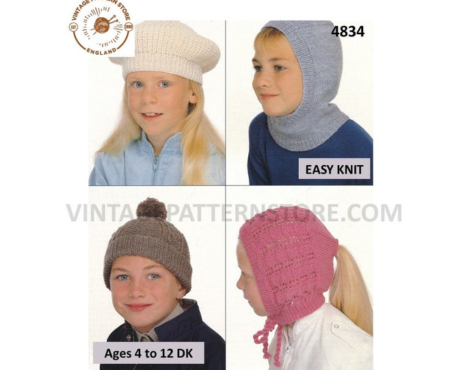 Boys Girls DK easy to knit beret balaclava cable toque cap lacy eyelet lace ponytail bonnet pdf knitting pattern Ages 4 to 12 Download 4834