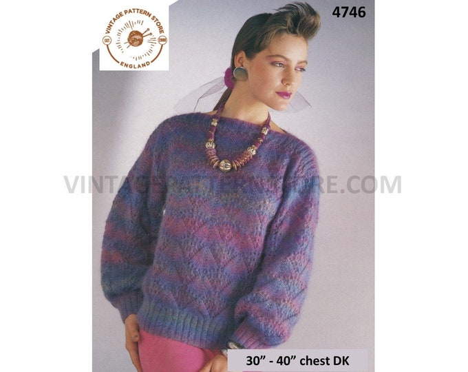 Womens 90s DK slash neck eyelet lace lacy drop shoulder long line slouchy sweater jumper pdf knitting pattern 30" to 40" Download 4746