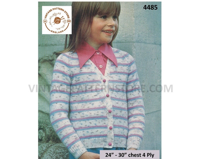 Girls 70s vintage plain and simple easy to knit 4 ply striped V neck raglan cardigan pdf knitting pattern 24" to 30" PDF Download 4485
