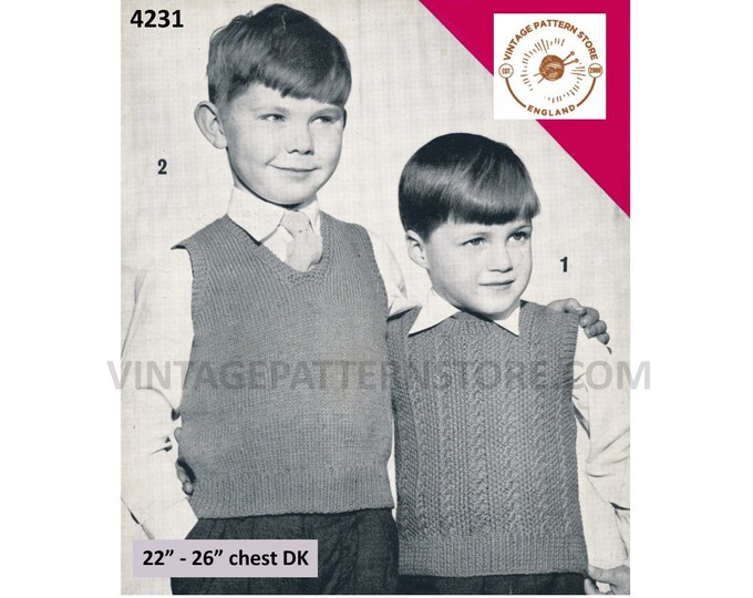 Boys 50s vintage DK V neck easy to knit & round neck cable cabled tank top sweater vest pdf knitting pattern 22" to 26" PDF Download 4231