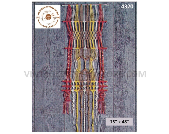 70s vintage macrame art wall hanging pdf marcame pattern 15" by 48" Instant PDF Download 4320