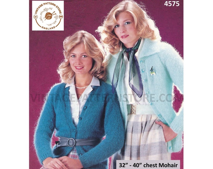 Womens 80s vintage quick and easy to knit V or round neck raglan mohair cardigan pdf knitting pattern 32" to 40" Instant PDF Download 4575