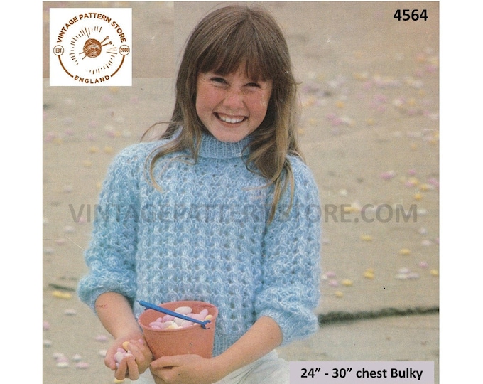 Girls 80s quick fun and easy to knit polo neck bold lacy lace bulky raglan sweater jumper pdf knitting pattern 24" to 30" Download 4564