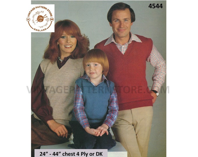 Ladies Womens Mens Boys Girls 80s family plain and simple easy to knit DK 4 ply tank top pdf knitting pattern 24" to 44" Download 4544