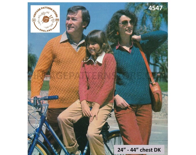 Ladies Womens Mens Girls Boys 80s vintage Family DK V neck textured raglan sweater jumper pdf knitting pattern 24" to 44" Download 4547