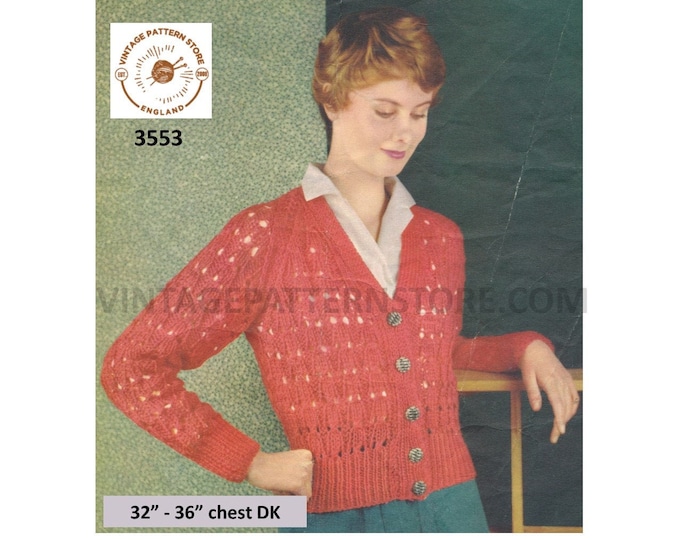 Ladies Womens 50s vintage bold open lacework lacy V neck raglan DK cardigan pdf knitting pattern 32" to 36" chest Instant PDF download 3553