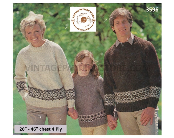 Womens Mens Boys Girls 80s family 4 ply fair isle banded round neck raglan sweater jumper pdf knitting pattern 26" to 46" Download 3596