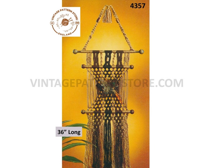 70s vintage rectangular macrame wall hanging pdf macrame pattern 36" long Instant PDF Download 4357