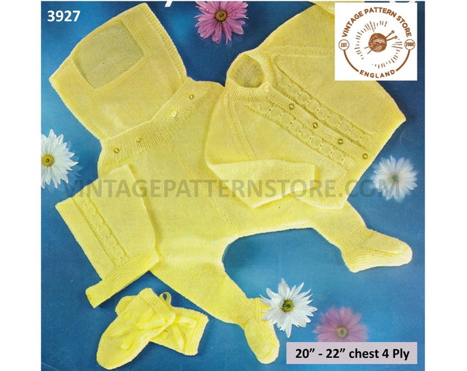 Baby Babies 70s vintage 4 ply pram set with all in one romper mittens & cable cardigan bonnet pdf knitting pattern 20" to 22" Download 3927
