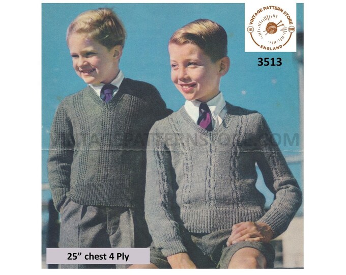 Boys 50s vintage 4 ply V neck cable cabled or rib ribbed raglan sweater jumper pullover pdf knitting pattern 25" chest PDF download 3513