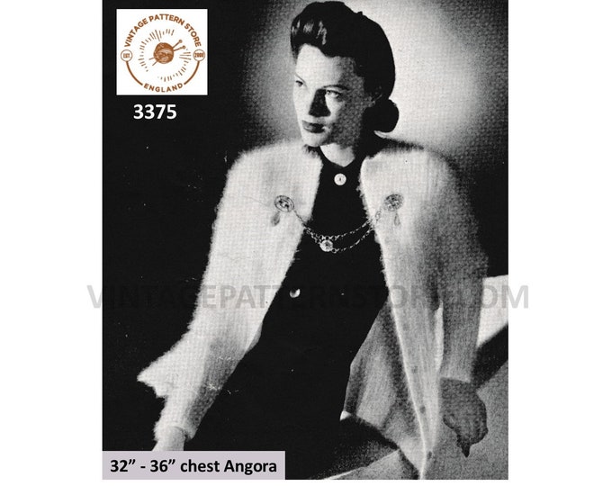 Ladies 40s angora cardigan pattern, Ladies Womens 40s round neck ribbed angora cardigan pattern - 32" - 36" - PDF Download 3375