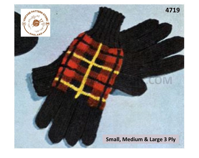 Mens Mans Ladies Womens 50s vintage 3 ply traditional Scottish tartan gloves pdf knitting pattern small medium & large Download 4719