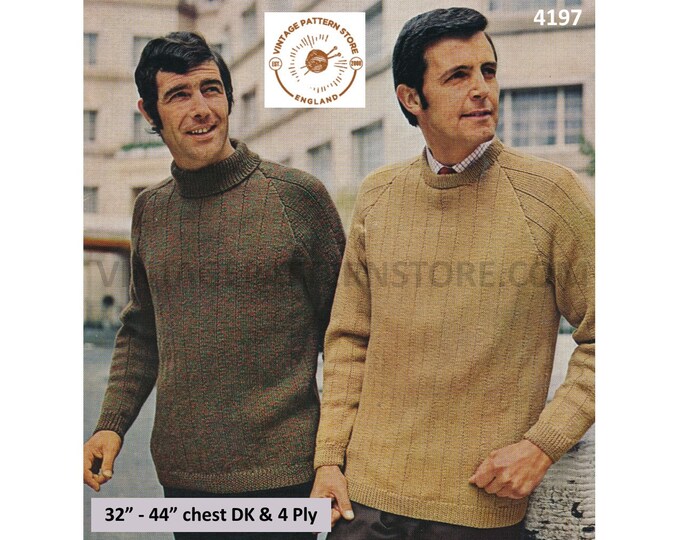 Mens Mans 60s vintage 4 ply or DK round or polo neck striped raglan sweater jumper pdf knitting pattern 32" to 44" Instant Download 4197