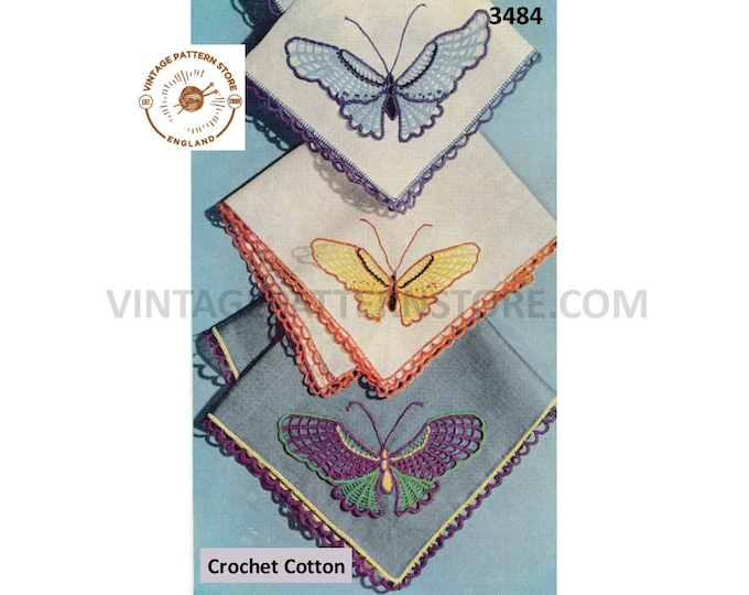 Ladies Womens 50s vintage Butterfly motif handkerchief and picot eging pdf crochet pattern Instant PDF Download 3484