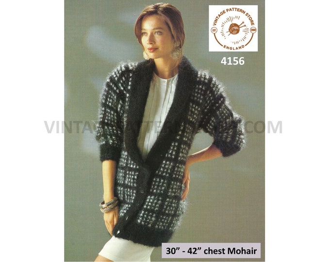 Ladies Womens 90s long line shawl collar drop shoulder check dolman mohair jacket cardigan pdf knitting pattern 30" to 42" PDF Download 4156