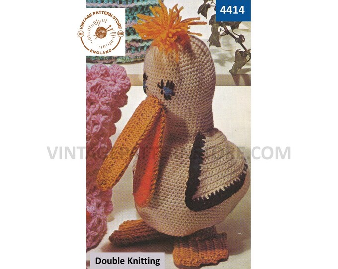 70s vintage DK cuddly toy animal bird pelican pdf knitting pattern Instant PDF Download 4414