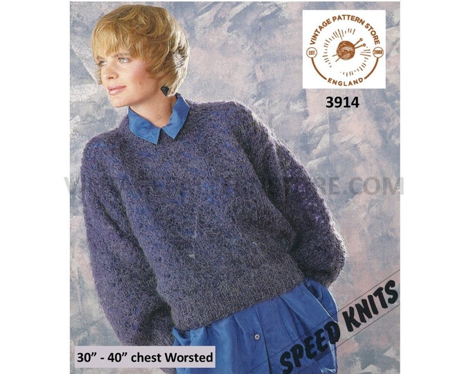 Ladies Womens 90s round neck bold eyelet lace lacy drop shoulder dolman worsted sweater jumper pdf knitting pattern 30" to 40" Download 3914