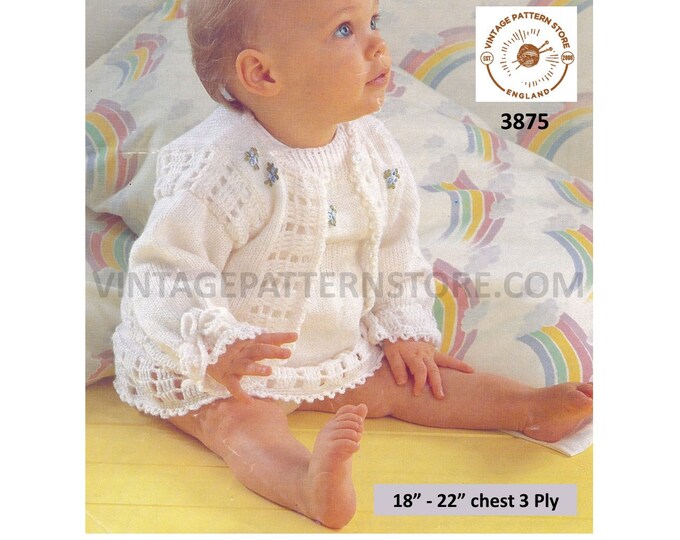 Baby Babies 80s vintage 3 ply lacy crochet edge matinee coat jacket and skirt dress pdf knitting pattern 18" to 22" chest PDF download 3875