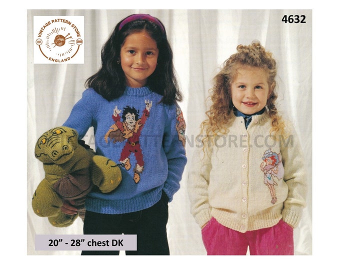 Girls Boys 90s DK round neck Peter Pan & Tinkerbell intarsia raglan cardigan sweater jumper pdf knitting pattern 20" to 28" Download 4632