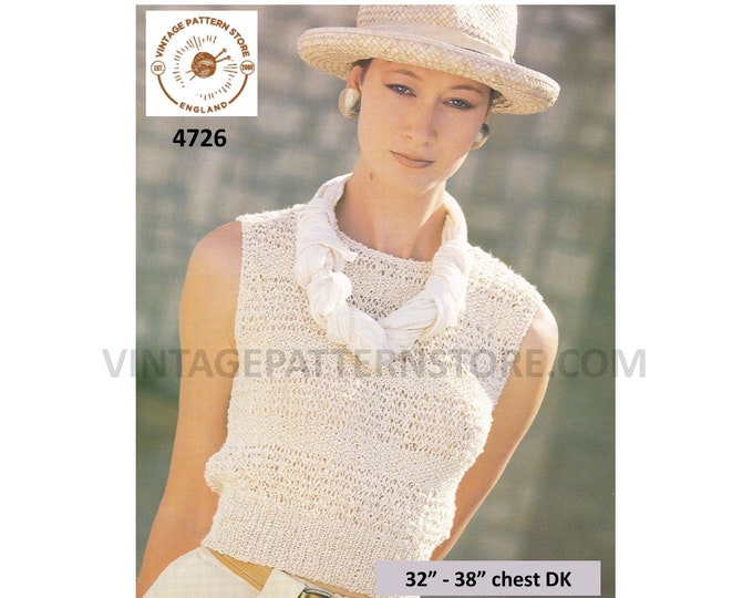 Ladies Womens 90s DK round neck lacy look sleeveless sweater vest slipover Summer top pdf knitting pattern 32" to 38" Instant Download 4726
