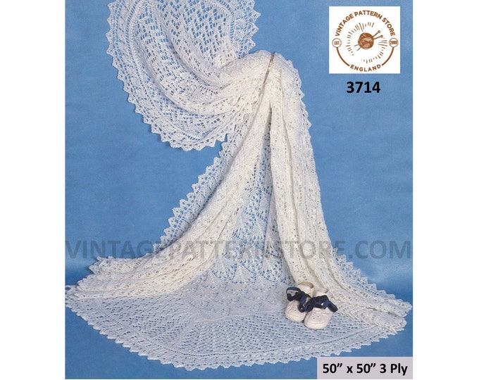 Baby Babies 80s vintage 3 ply lace circular round lacy shawl wrap pdf knitting pattern 50" x 50" Instant PDF download 3714