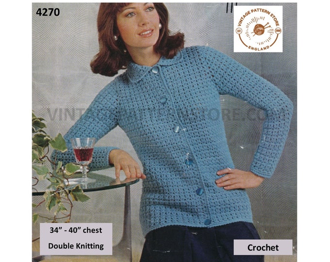 Ladies Womens 70s vintage DK round neck collared raglan button through cardigan jacket pdf crochet pattern 34" to 40" Instant Download 4270