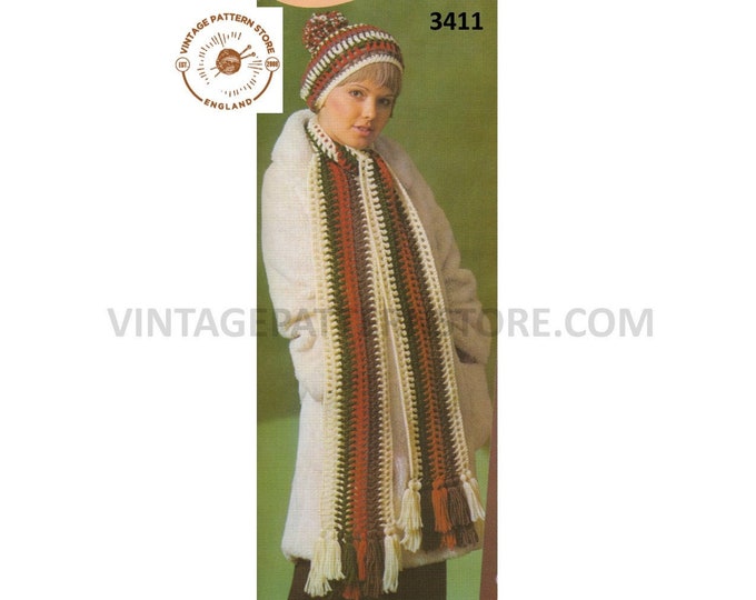 Ladies Womens 60s vintage worsted striped beret hat and fringed scarf pdf crochet pattern Instant PDF Download 3411