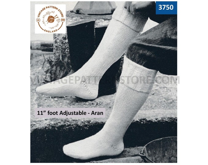 Mens Mans 50s vintage turned down aran fishermans socks pdf knitting pattern adjustable foot size PDF download 3750