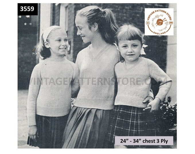 Girls 50s vintage plain and simple easy to knit crew or V neck 3 ply raglan sweater jumper pdf knitting pattern 24" to 34" Download 3559