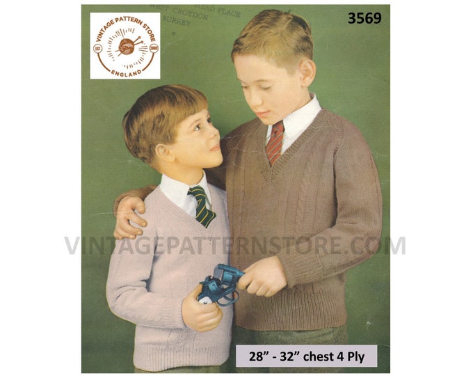 Boys 50s vintage simple and easy to knit 4 ply V neck cabled cable panel raglan sweater jumper pdf knitting pattern 28" to 32" Download 3569