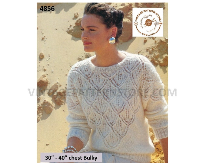 Womens Ladies 90s bulky knit round neck lacy eyelet lace drop shoulder batwing sweater jumper pdf knitting pattern 30" to 40" Download 4856