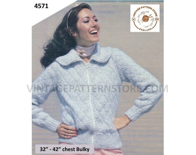 Womens 80s vintage quilted look bulky easy to knit zipped zip up raglan jacket with collar pdf knitting pattern 32" to 42" download 4571
