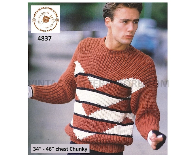 Mens Mans 90s chunky knit colour blocked fishermans rib drop shoulder dolman sweater jumper pdf knitting pattern 34" to 46" Download 4837