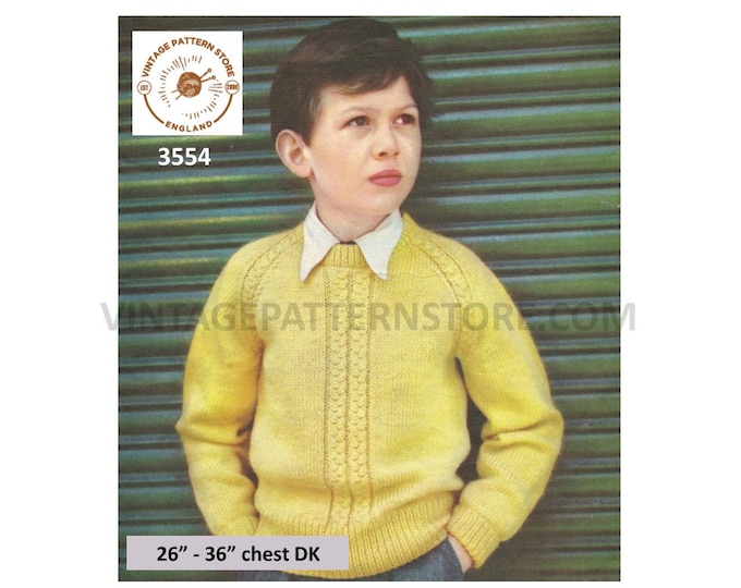 Boys 50s vintage DK round neck cabled cable panel raglan sweater jumper pullover pdf knitting pattern 26" to 36" Instant PDF download 3554
