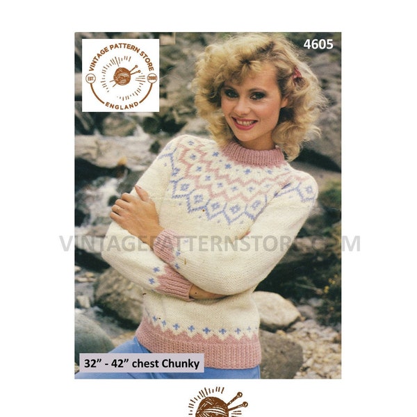 Womens beginners quick simple fun and easy fair isle yoked raglan chunky knit sweater jumper pdf knitting pattern 32" to 42" Download 4605