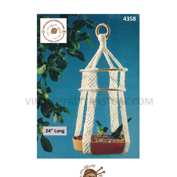 70s vintage macrame ring bird feer hanger pdf macrame pattern, 70s vintage retro garden gardening 24" long Instant PDF Download 4358