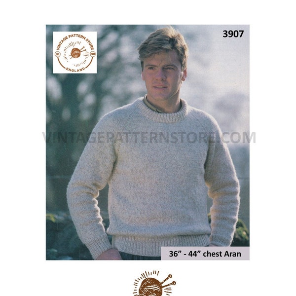 Mens Mans 90s simple and easy to knit crew neck raglan aran sweater jumper pullover pdf knitting pattern 36" to 44" PDF download 3907