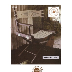 May include: A vintage director's chair with a dark wooden frame and a woven seat and back. The backrest features a macrame design with a central emblem. The chair is labelled "Directors Chair".