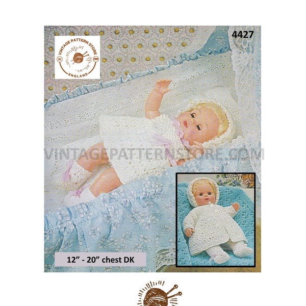 80s vintage 12" 14" 16" 18" 20" DK baby doll clothes pram set layette dress matinee coat bootees bonnet pdf knitting pattern Download 4427