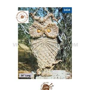 Könnte beinhalten: Ein Vintage-Makramee-Eulenmuster, Nummer 3434, von Vintage Pattern Store, England. Das Muster ist für eine 66 cm lange Eule.