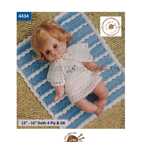 80s vintage 12" 14" 16" 4 ply & DK baby dolls clothes lacy dress cape and pram cover cot blanket pdf crochet pattern Instant Download 4434