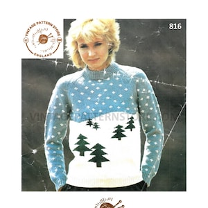Ladies Womens Girls 80s vintage crew neck Christmas tree intarsia DK raglan sweater jumper pdf knitting pattern 28" to 38" PDF download 816
