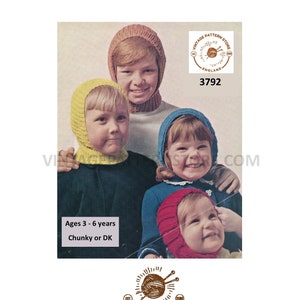 Childrens Boys Girls 70s easy to knit chunky aran or DK balaclava helmet & hood pdf knitting pattern ages 3 to 6 years PDF download 3792