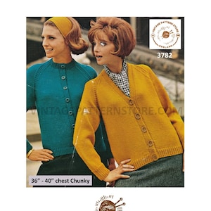 Ladies Womens 70s plain and simple easy to knit V or round neck chunky raglan cardigan pdf knitting pattern 36" to 40" PDF download 3782