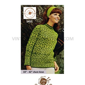 May include: Vintage knitting pattern for a green Aran sweater with a geometric design. The pattern is for sizes 33 to 42 inches chest.