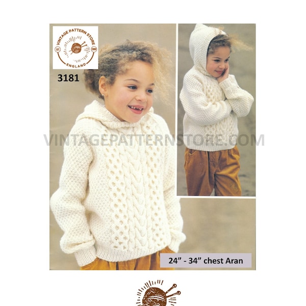 Girls Boys 90s cable panel cabled raglan aran hoodie hooded sweater jumper with hood pdf knitting pattern 24" to 34" chest PDF download 3181