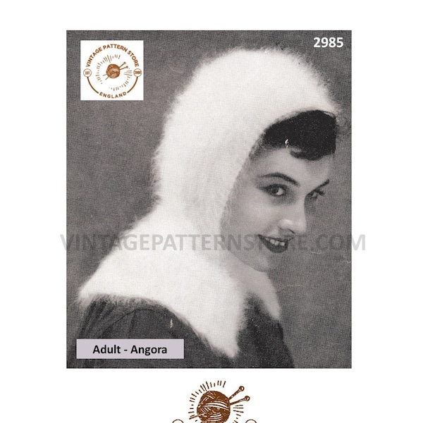 Ladies Womens 50s vintage easy to knit angora balaclava parka hood pdf knitting pattern One Size Adult Instant PDF download 2985