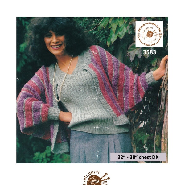 Ladies Womens 80s vertical striped DK batwing cardigan jacket & cap sleeve ribbed sweater vest pdf knitting pattern 32" to 38" Download 3583