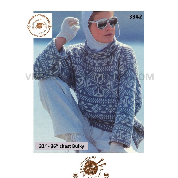 Ladies Womens 80s funnel neck fair isle drop shoulder bulky knit dolman sweater jumper pdf knitting pattern 32" to 36" bust Download 3342