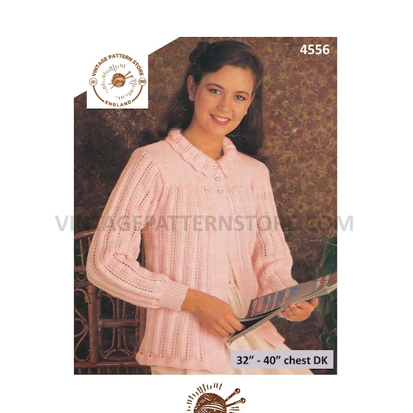 Ladies Womens 80s vintage DK round neck lacy collared striped contrast yoke raglan bed jacket pdf knitting pattern 32" to 40" Download 4556